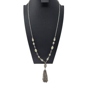 Statement Silver Tone Faux Pearl Mesh Beaded Opera Necklace Chain Tassel Pendant